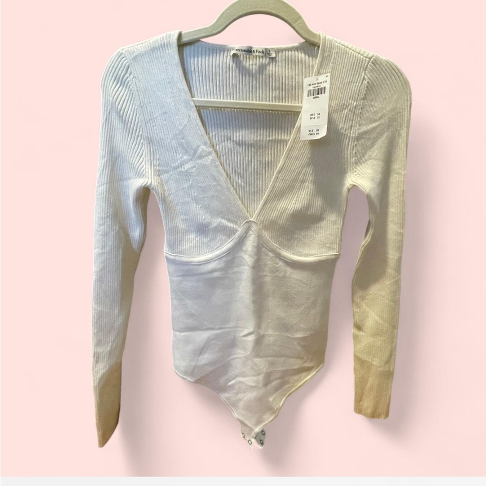 Abercrombie & Fitch Cream Ribbed V-Neck Sweater Bodysuit